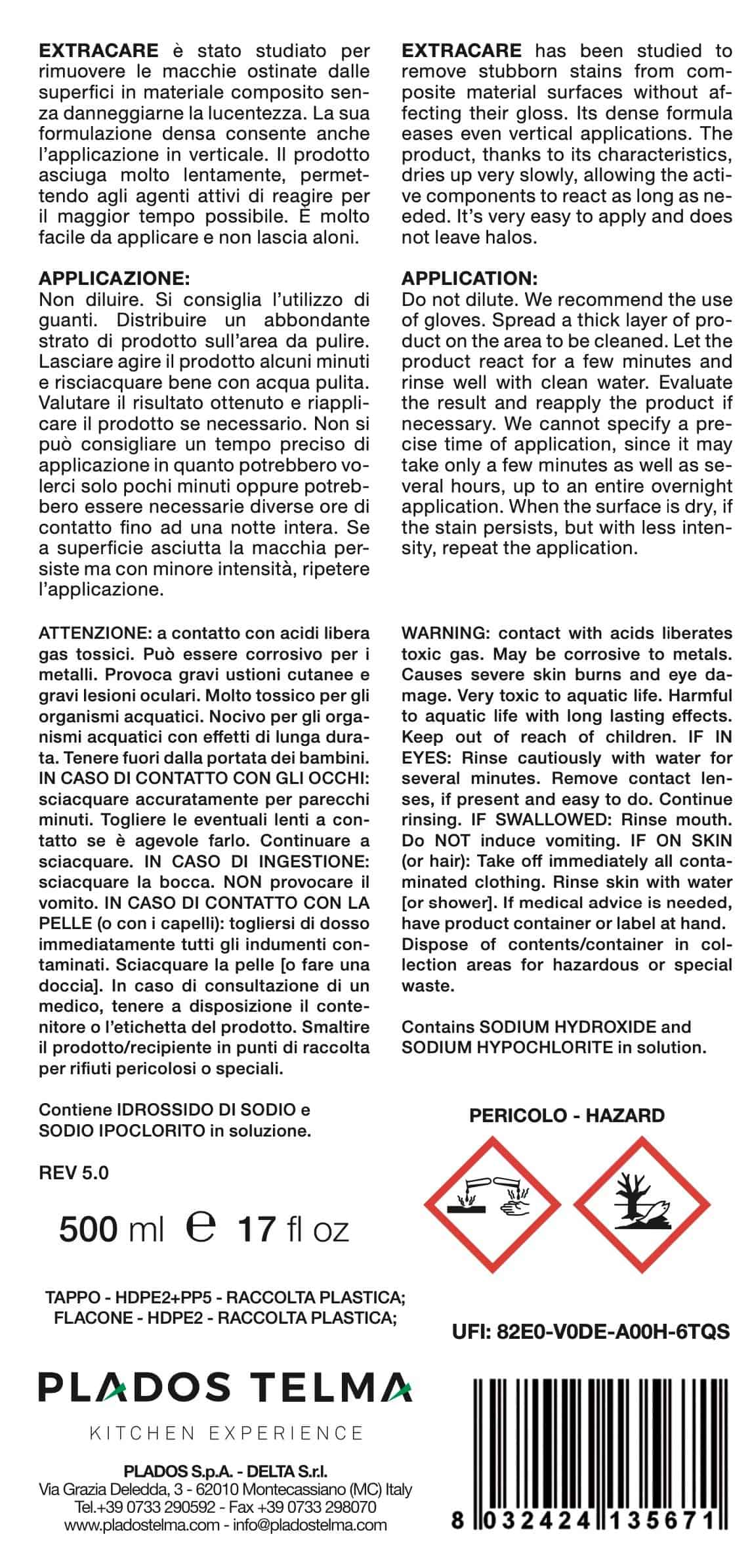 Etichetta detergente EXTRACARE con istruzioni e avvertenze.