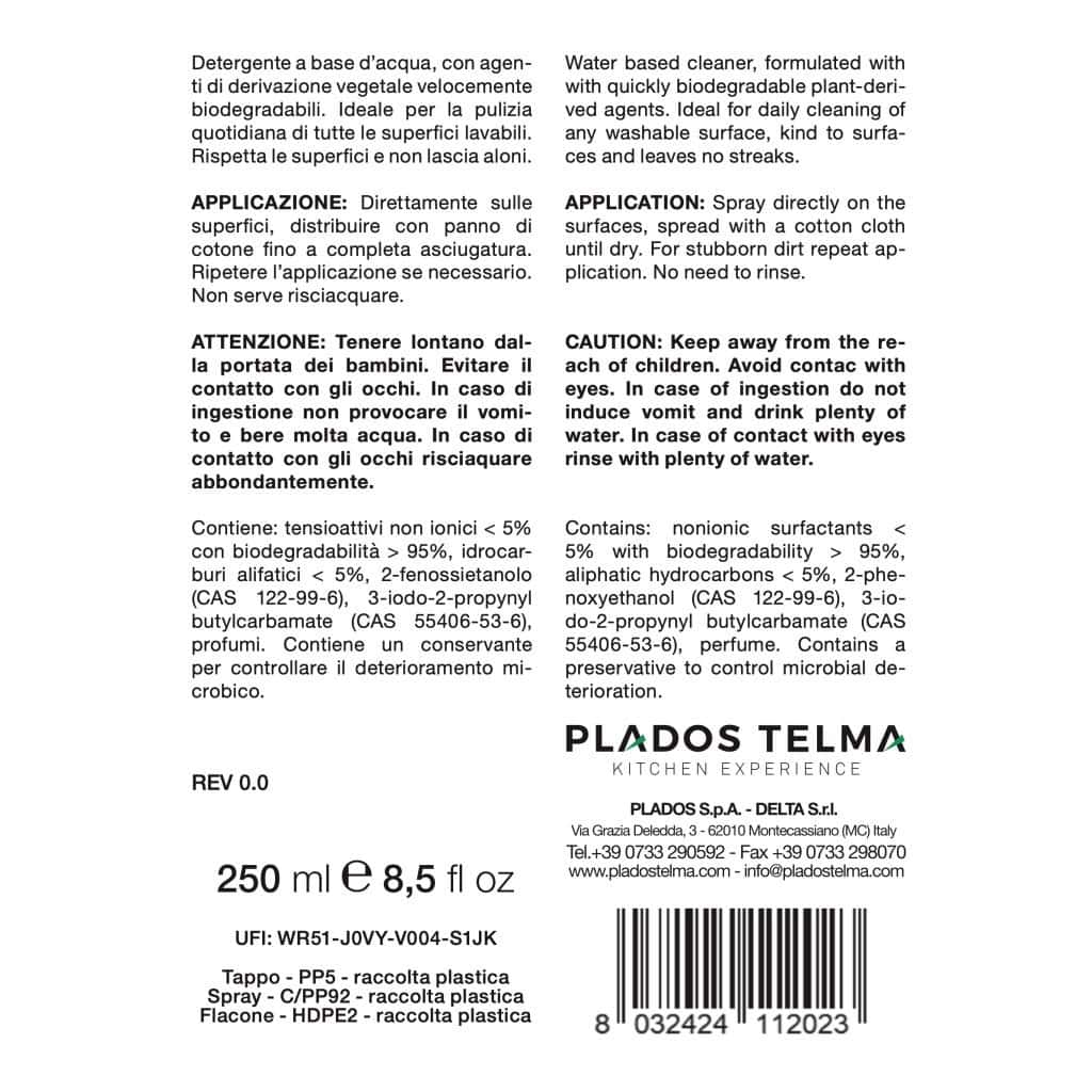 Etichetta detergente base acqua eco-compatibile Plados Telma.