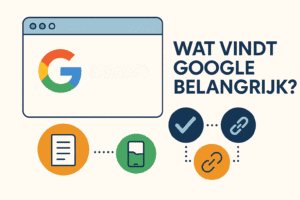 Wat vindt Google belangrijk: Illustratie van Google rankingfactoren zoals content, mobielvriendelijkheid en backlinks