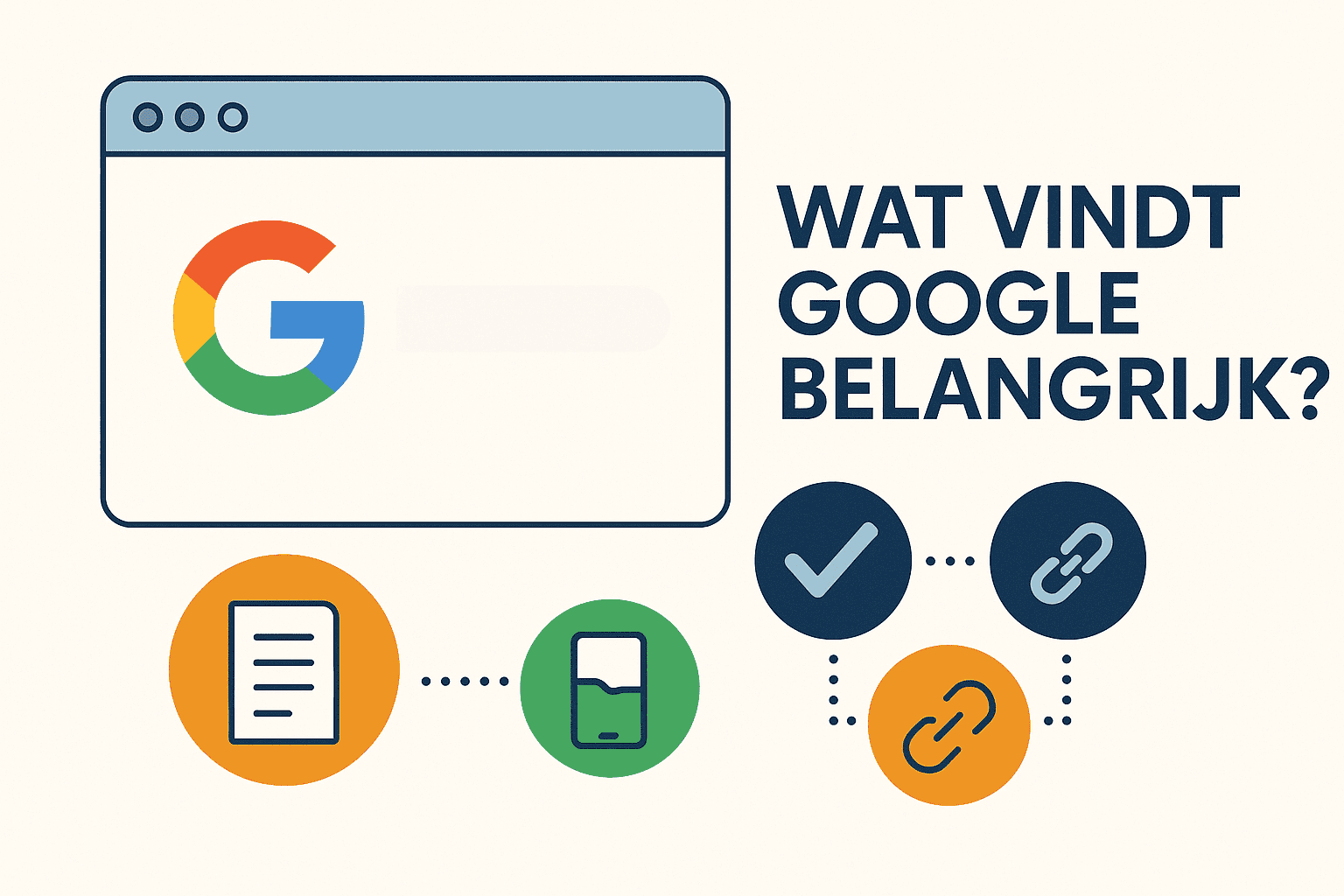 Wat vindt Google belangrijk: Illustratie van Google rankingfactoren zoals content, mobielvriendelijkheid en backlinks