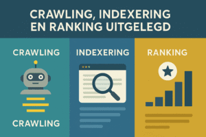 Infographic die crawling, indexering en ranking visualiseert met iconen van een robot, vergrootglas en grafiek