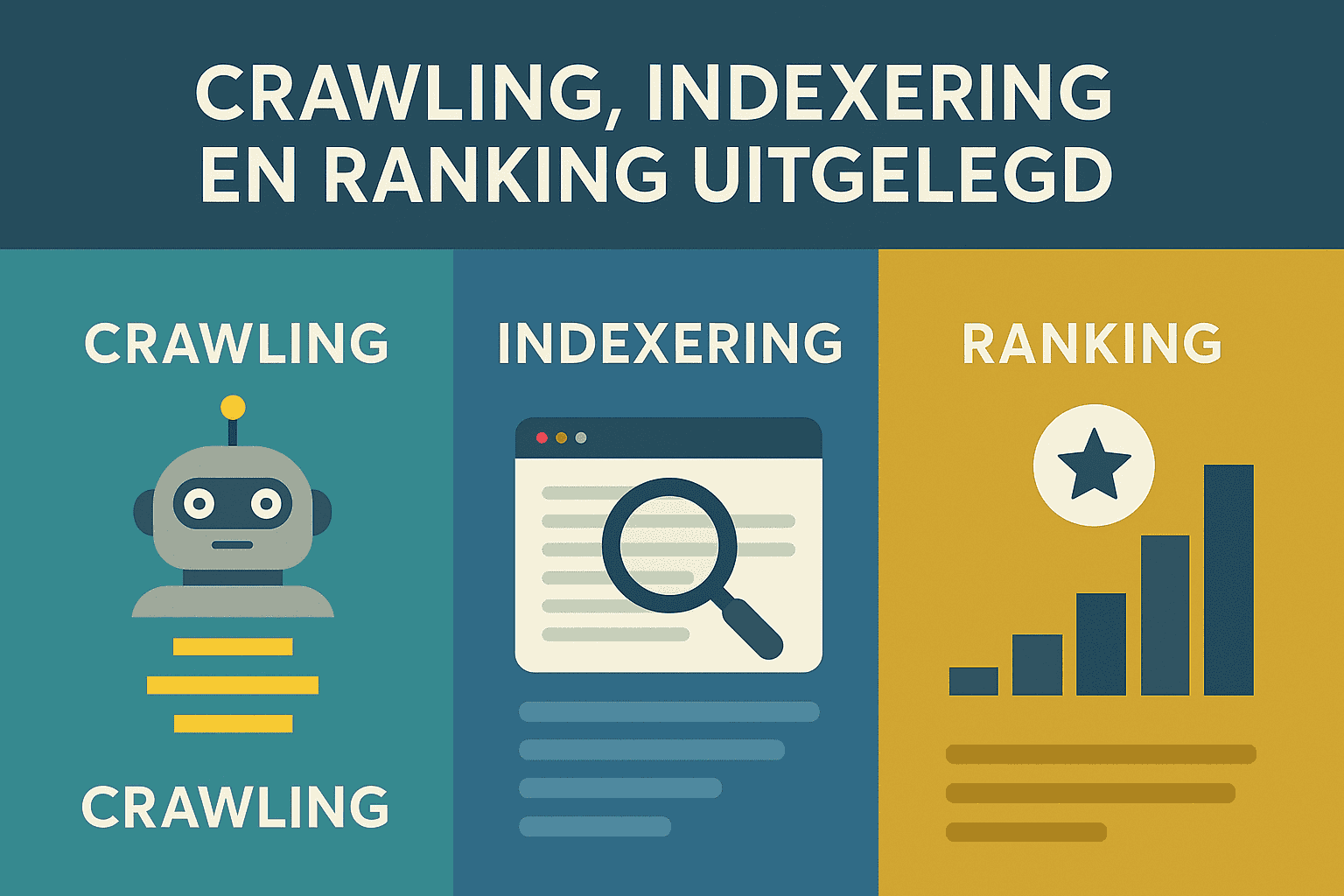 Infographic die crawling, indexering en ranking visualiseert met iconen van een robot, vergrootglas en grafiek