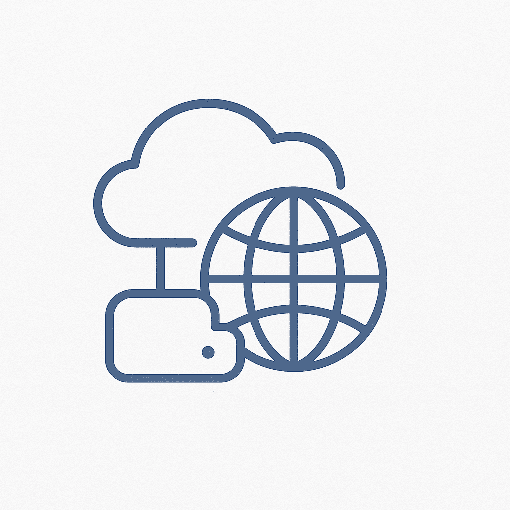 Icoon met een cloud, server en wereldbol – hosting en domeinnaamregistratie via PP Digital.