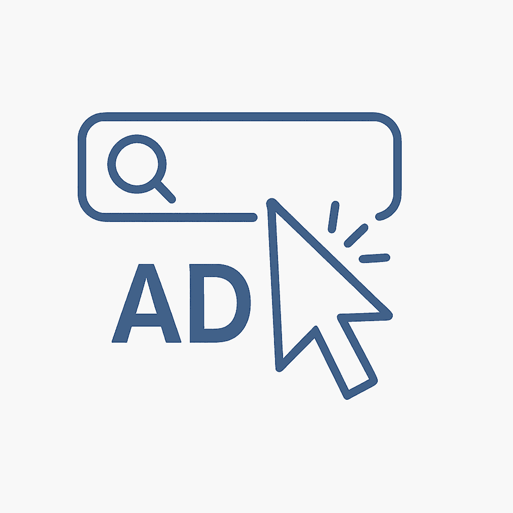 Icoon met een zoekbalk, cursor en "AD"-label – zoekmachine-adverteren (SEA) aangeboden door PP Digital.