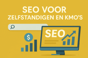 Illustratie van SEO voor Zelfstandigen en KMO die online scoren met SEO via content, techniek en lokale zichtbaarheid