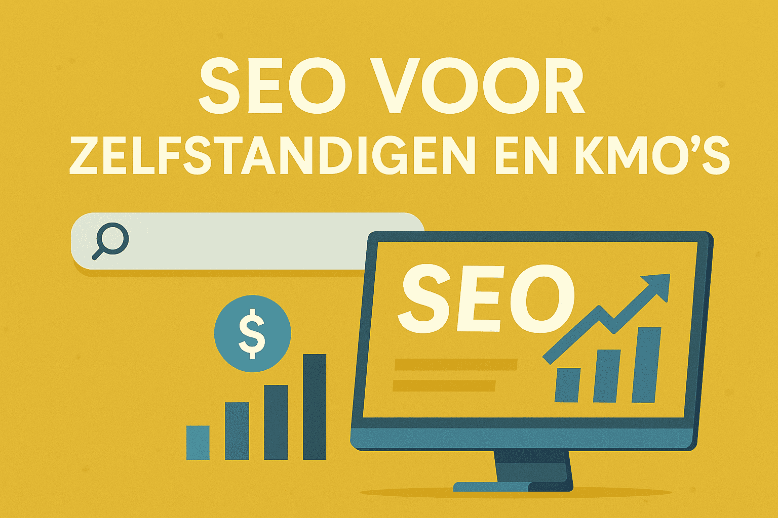 Illustratie van SEO voor Zelfstandigen en KMO die online scoren met SEO via content, techniek en lokale zichtbaarheid