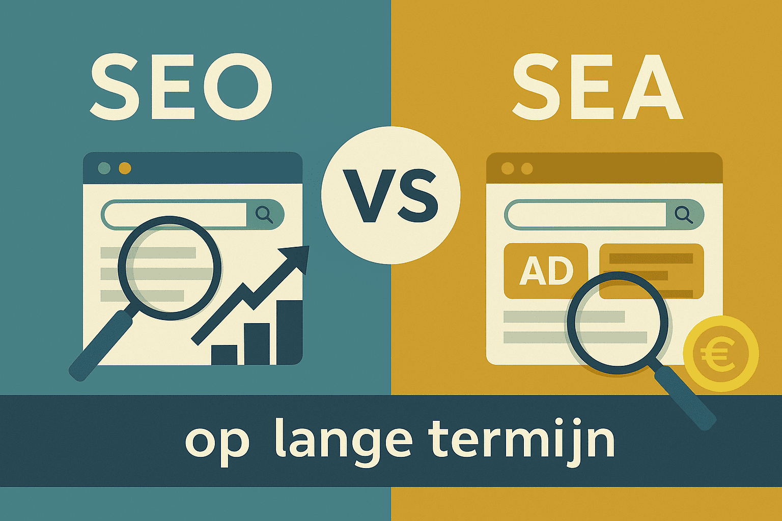 Illustratie die SEO en SEA vergelijkt: duurzaam organisch verkeer versus betaalde advertenties