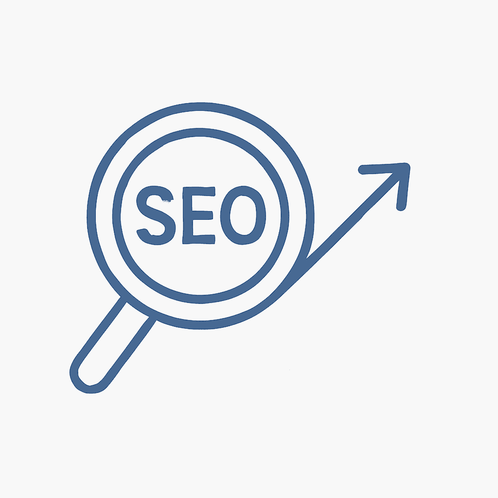 coon van een vergrootglas met "SEO" en stijgende pijl – zoekmachineoptimalisatie door PP Digital.