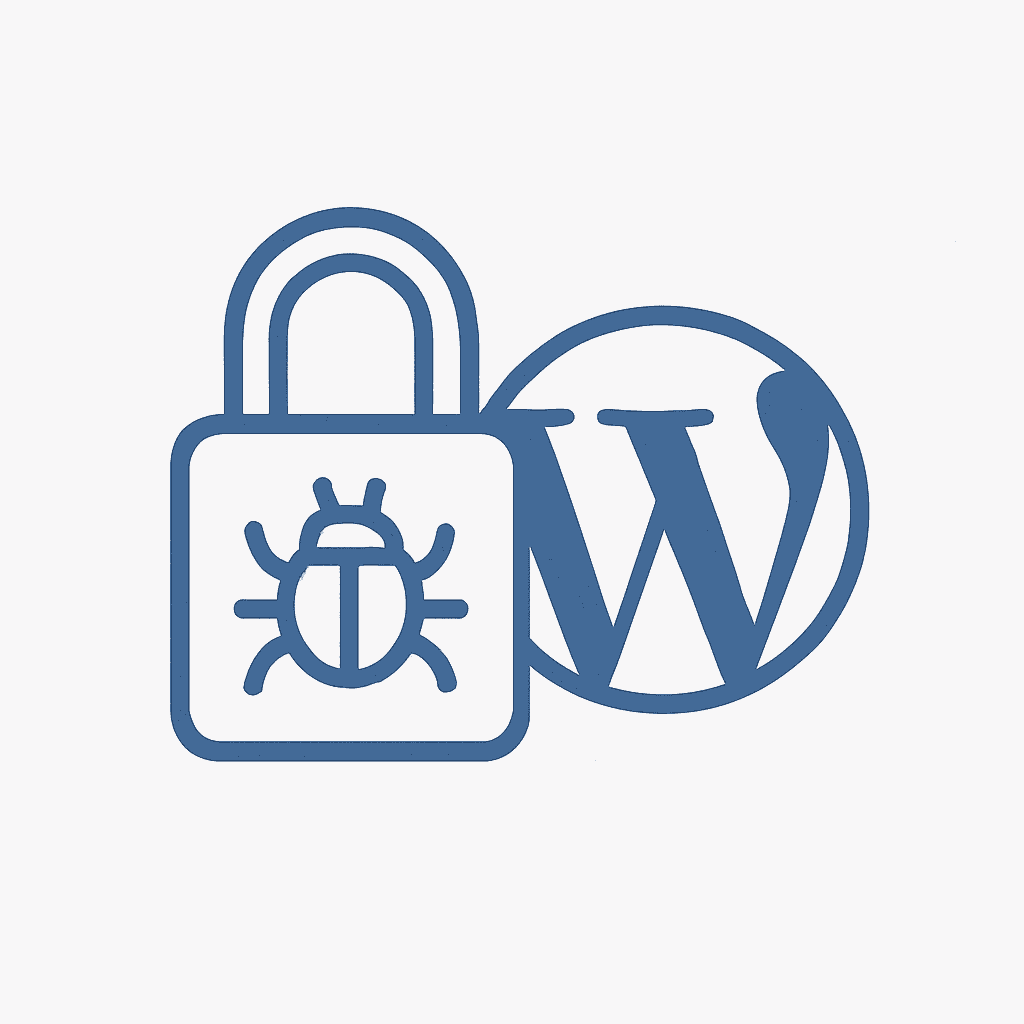 Icoon van een slot en bug-symbool naast het WordPress-logo – beveiligingsherstel door PP Digital.