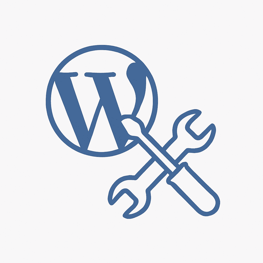 Icoon met WordPress-logo, sleutel en schroevendraaier – website support en onderhoud door PP Digital.