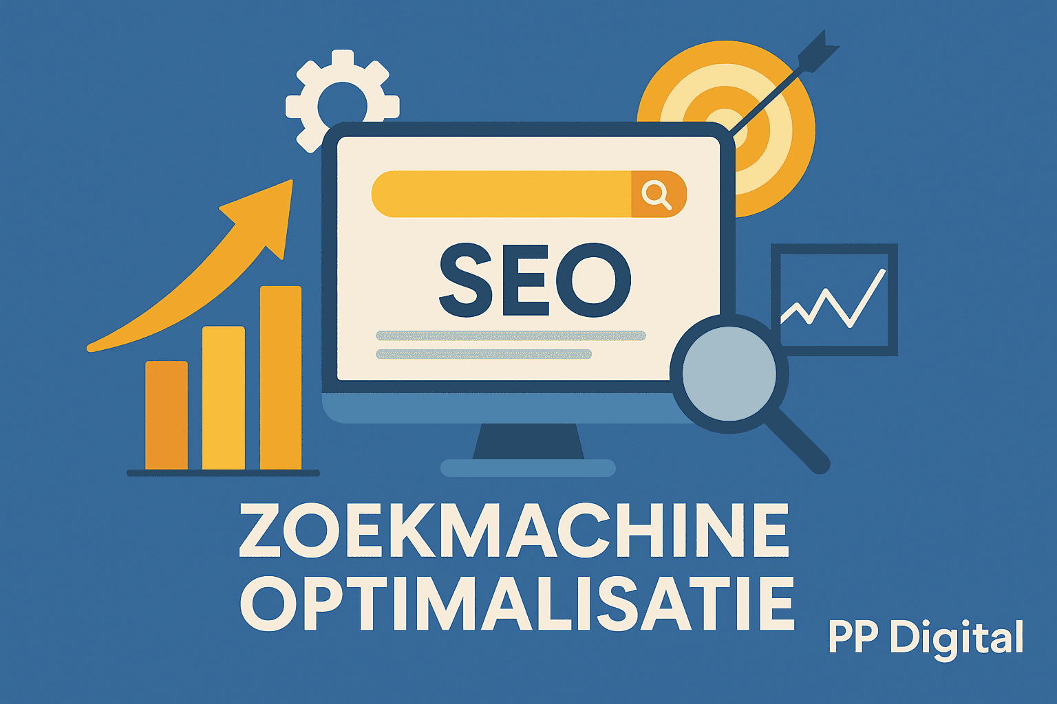 Illustratie met SEO monitor, grafiek, zoekbalk en pijlen omhoog – Zoekmachine optimalisatie diensten door PP Digital