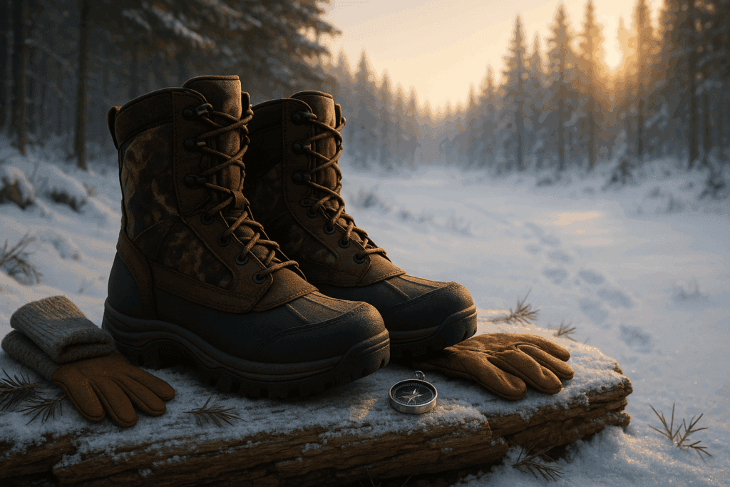 Insulated cold weather hunting boots on frosted wood near a snowy pine forest