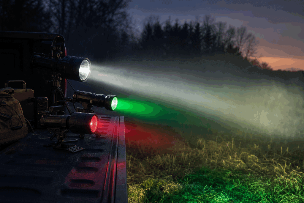Coyote hunting lights casting red, green, and white beams across a night field edge