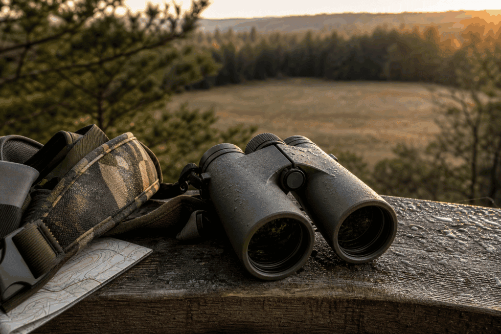 Hunting binoculars on a wooden blind rail overlooking a timber field edge at sunrise