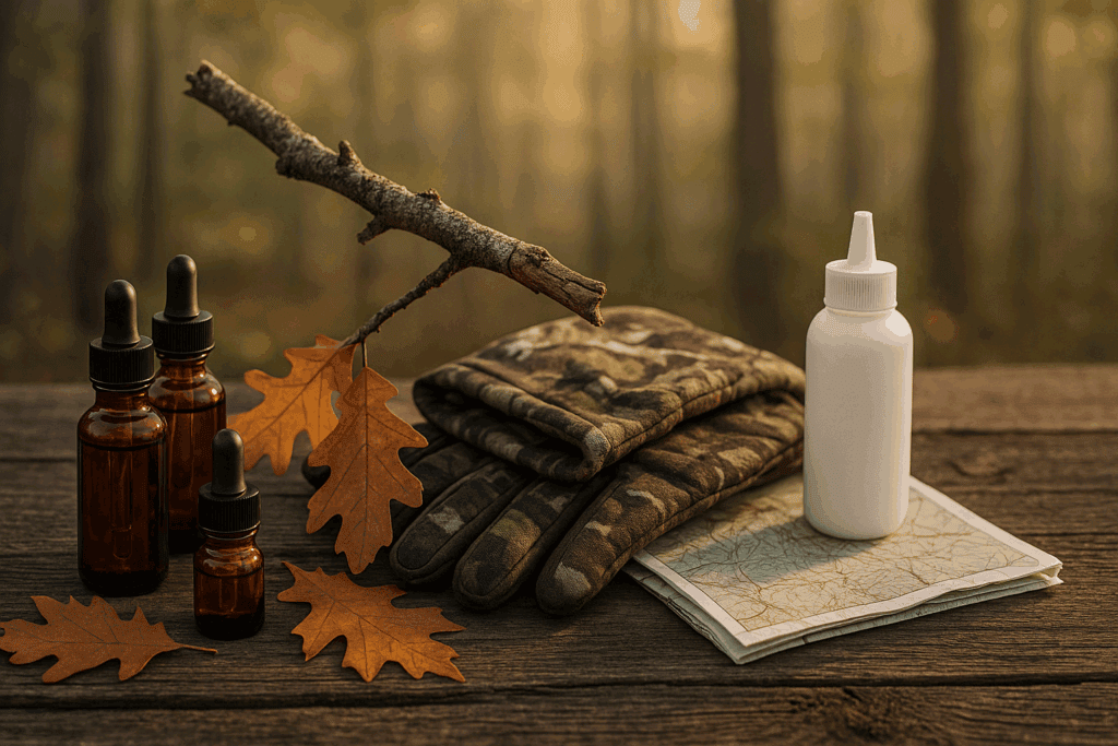 Deer scent bottles, buck lure, wind checker, camo gloves, and autumn leaves arranged for a whitetail rut hunting guide