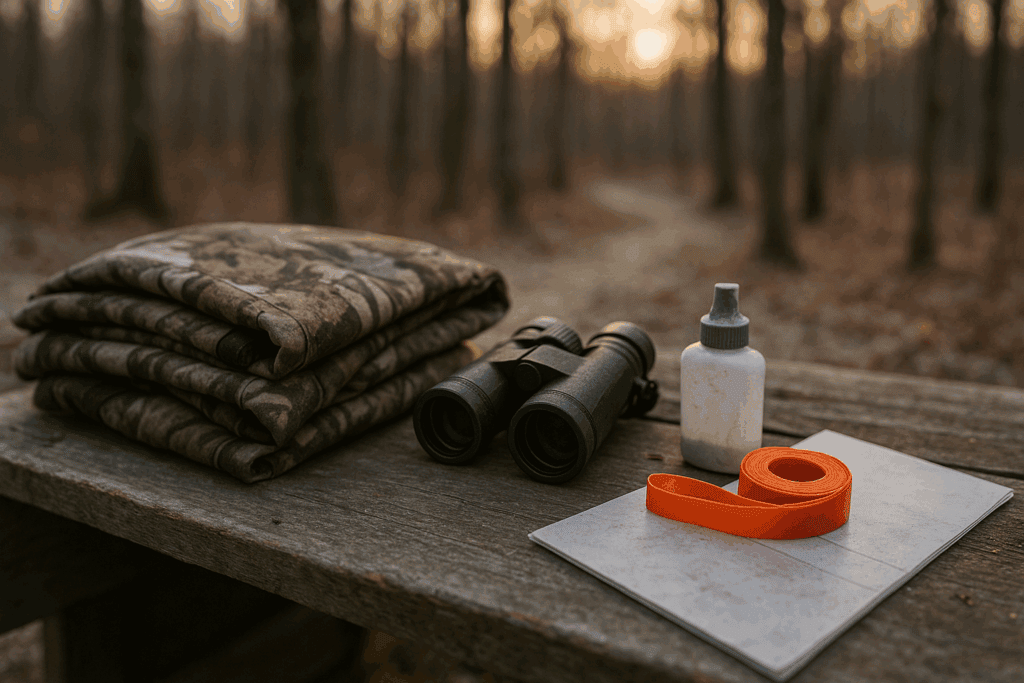 Pre-rut and rut deer hunting checklist gear on a wooden bench at dawn