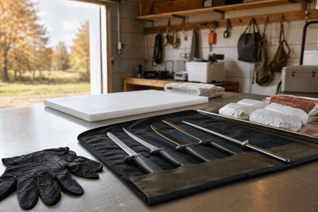 Organized deer processing boning knives, gloves, sharpening steel, and wrapped venison packages on a clean camp table
