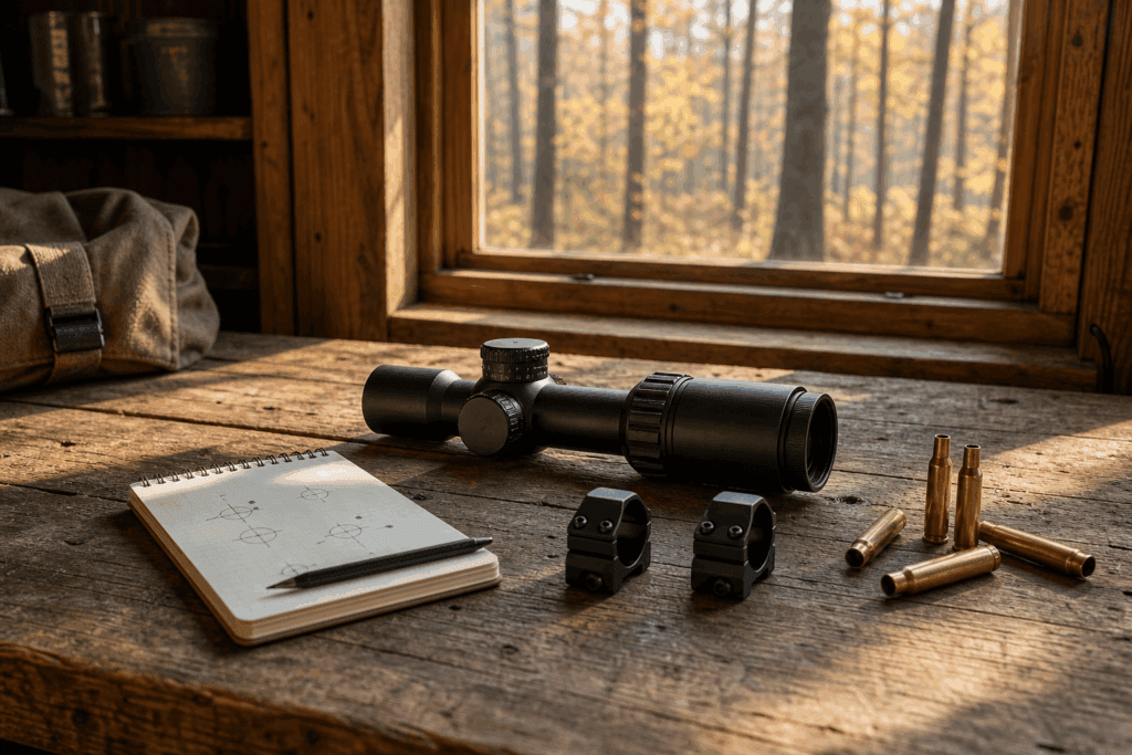 Compact riflescope and low rings on a deer camp workbench for a 30-30 woods rifle setup