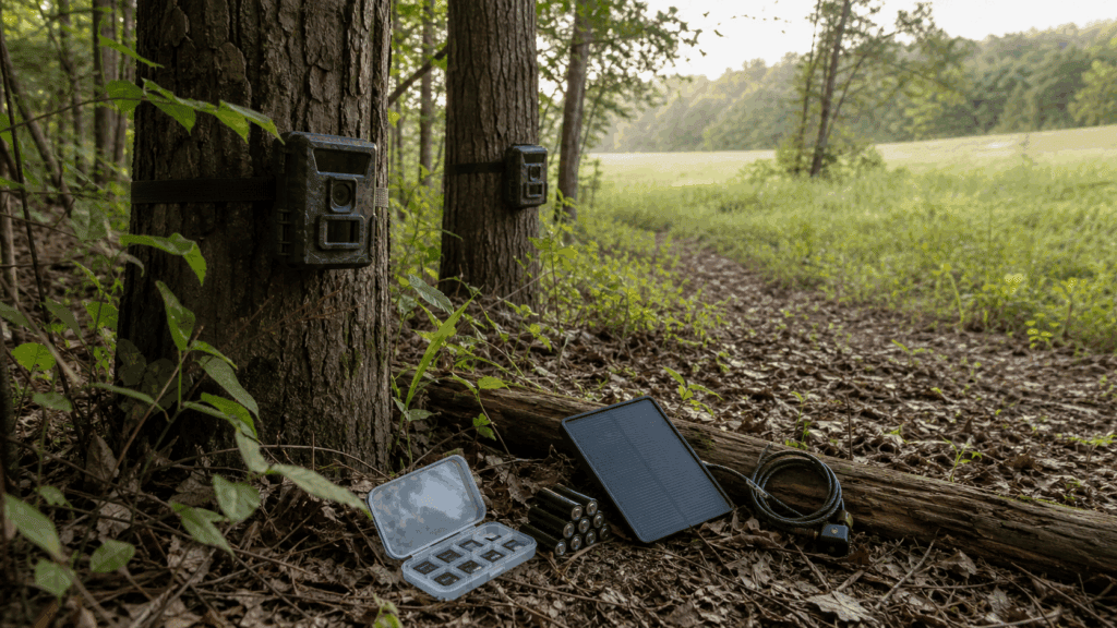 Trail camera scouting setup on a small deer hunting property