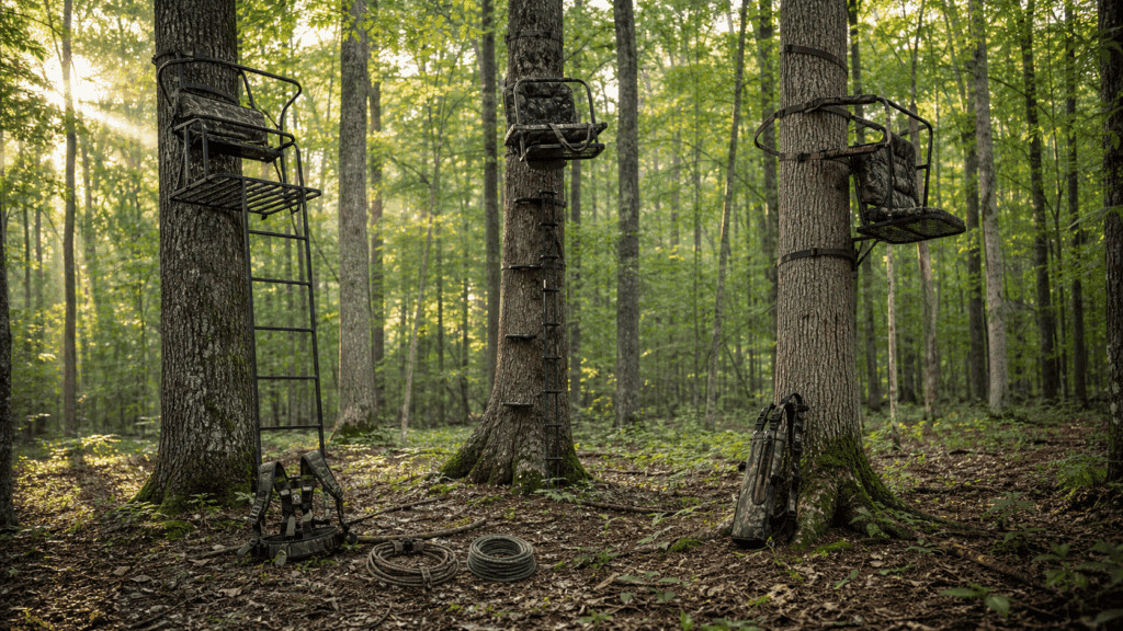Tree stand hunting setup with ladder stand, hang-on stand, climber, and safety harness in hardwoods