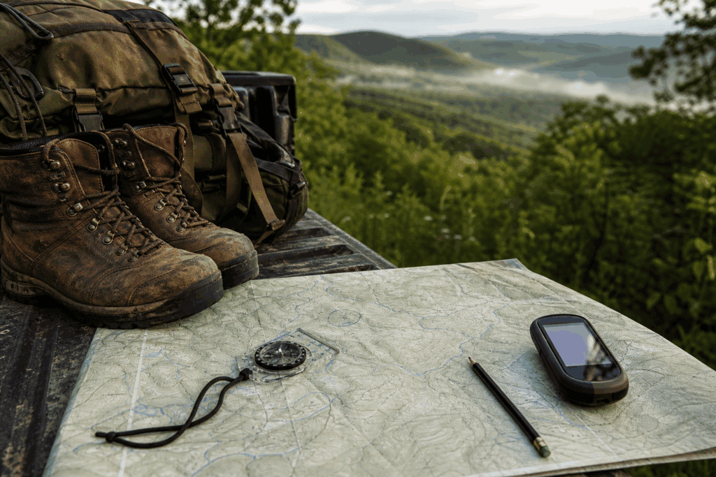 Big woods buck scouting map, boots, pack, compass, and GPS on a truck tailgate