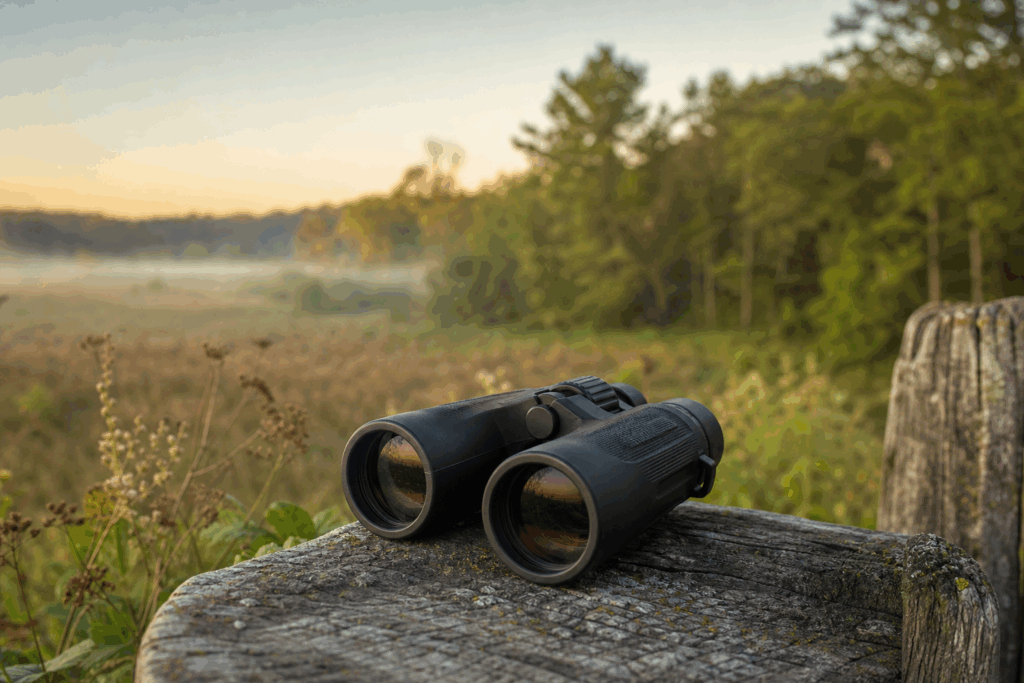 Black hunting binoculars resting on a weathered fence rail overlooking a misty field edge and timber line