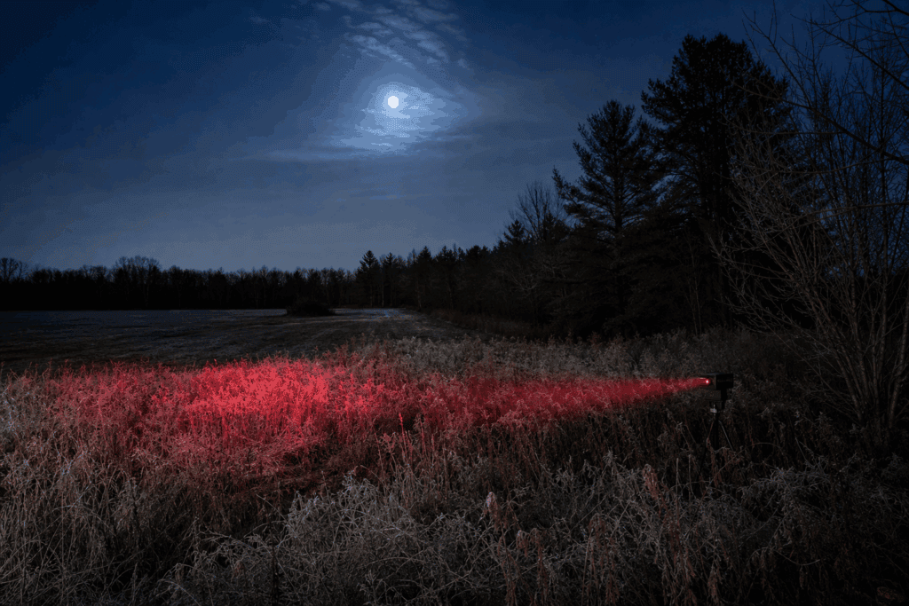 Moonlit field edge with a predator hunting scanning light set up for night coyote hunting