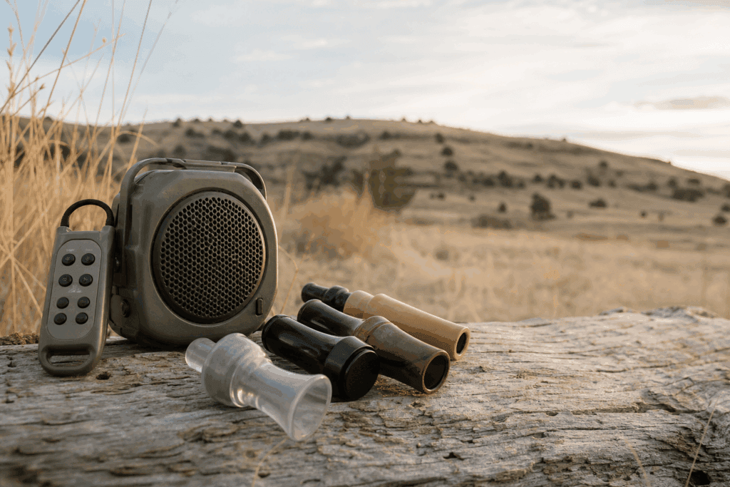 Electronic predator caller and mouth calls staged for a coyote calling comparison article