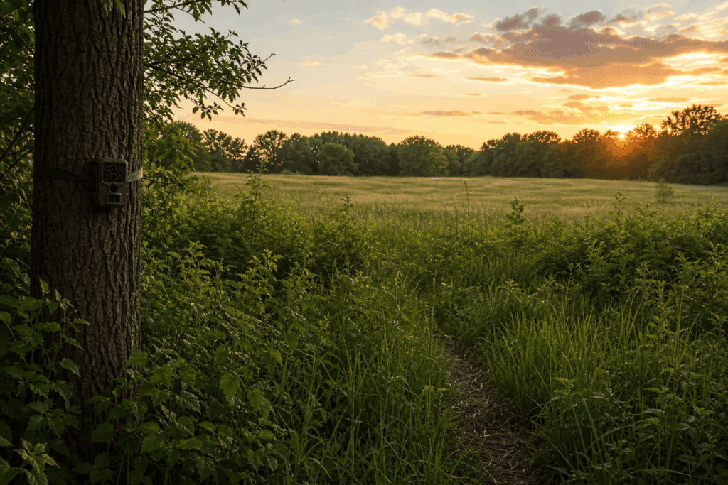 Early summer Midwest whitetail field edge with trail camera and fawn cover at sunrise