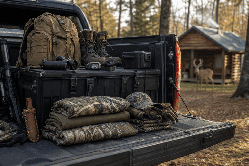 Hunting gear organization system in a truck bed at deer camp