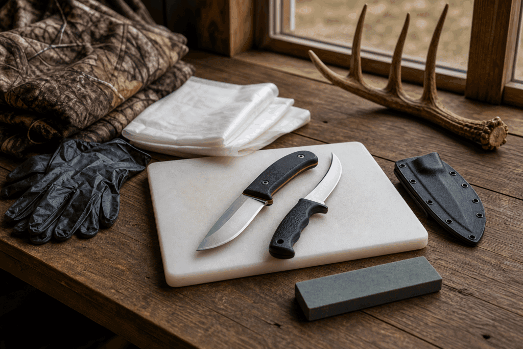 Field dressing knife and skinning knife arranged on a clean deer-camp workbench