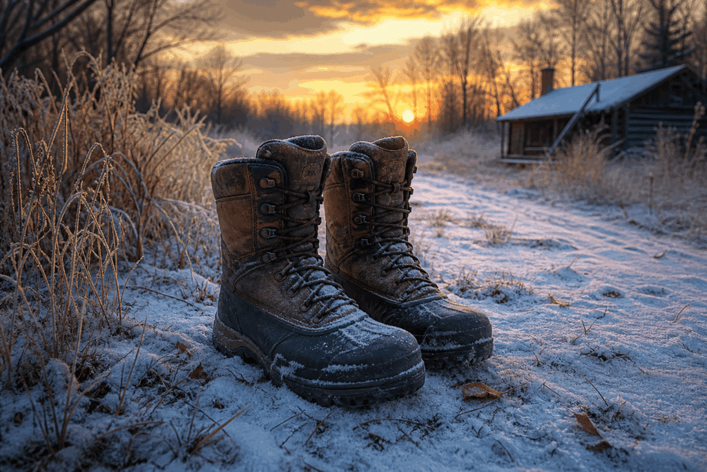 Insulated hunting boots standing in light snow on a frosty Midwest deer camp trail at dawn