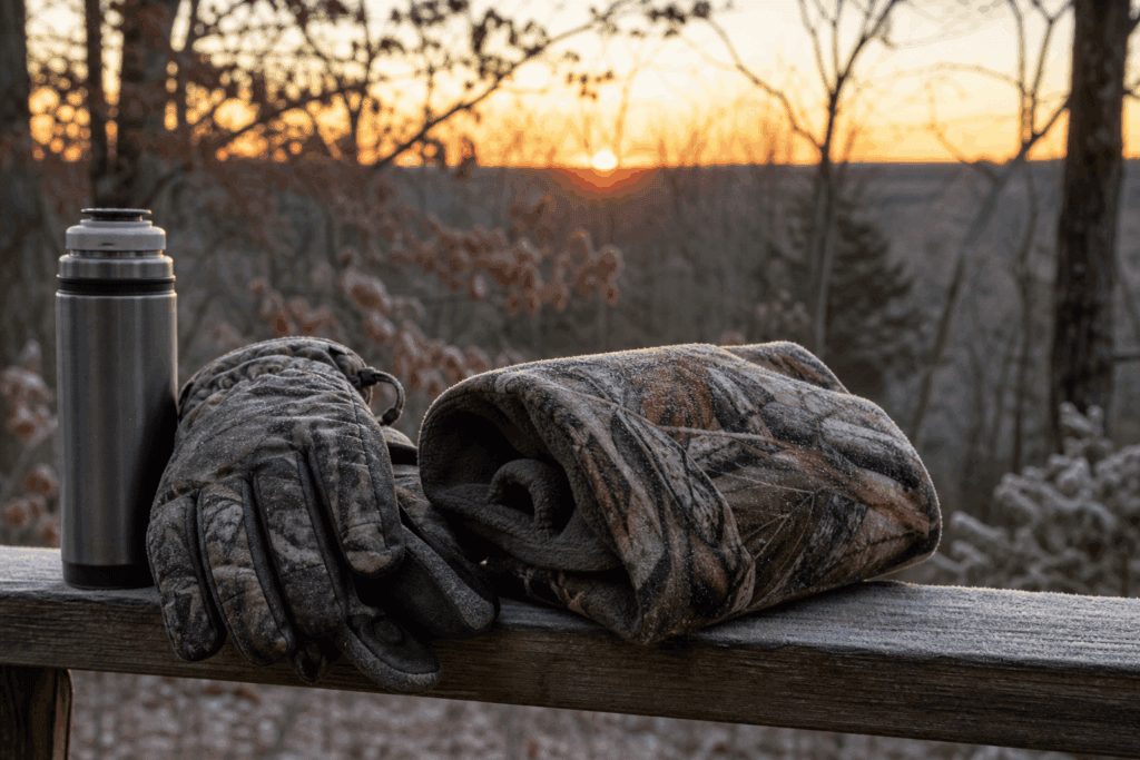 Heated hunting gloves and a hand muff on a frosty treestand rail