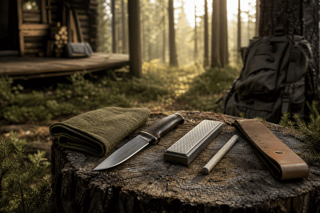 Field sharpening setup with a hunting knife, compact sharpener, ceramic rod, and strop on a stump