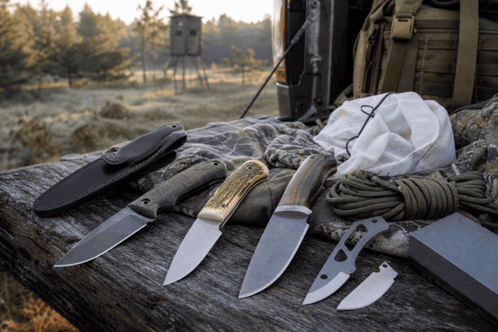 Generic hunting knives and field-dressing gear arranged at deer camp for a hunting knife buyer guide.