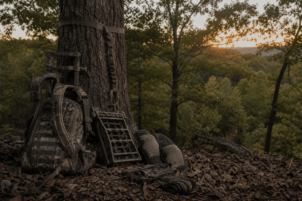Organized mobile hunting setup gear at the base of a tree before a whitetail hunt