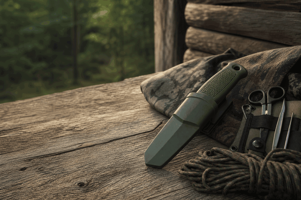 Green fixed-blade outdoor knife and hunting field kit on a deer camp workbench