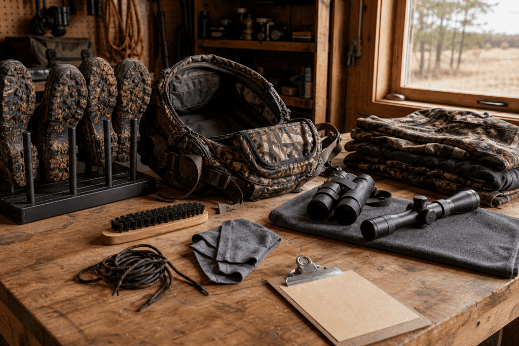Offseason hunting gear maintenance bench with boots, pack, optics, and clothing prepared for inspection