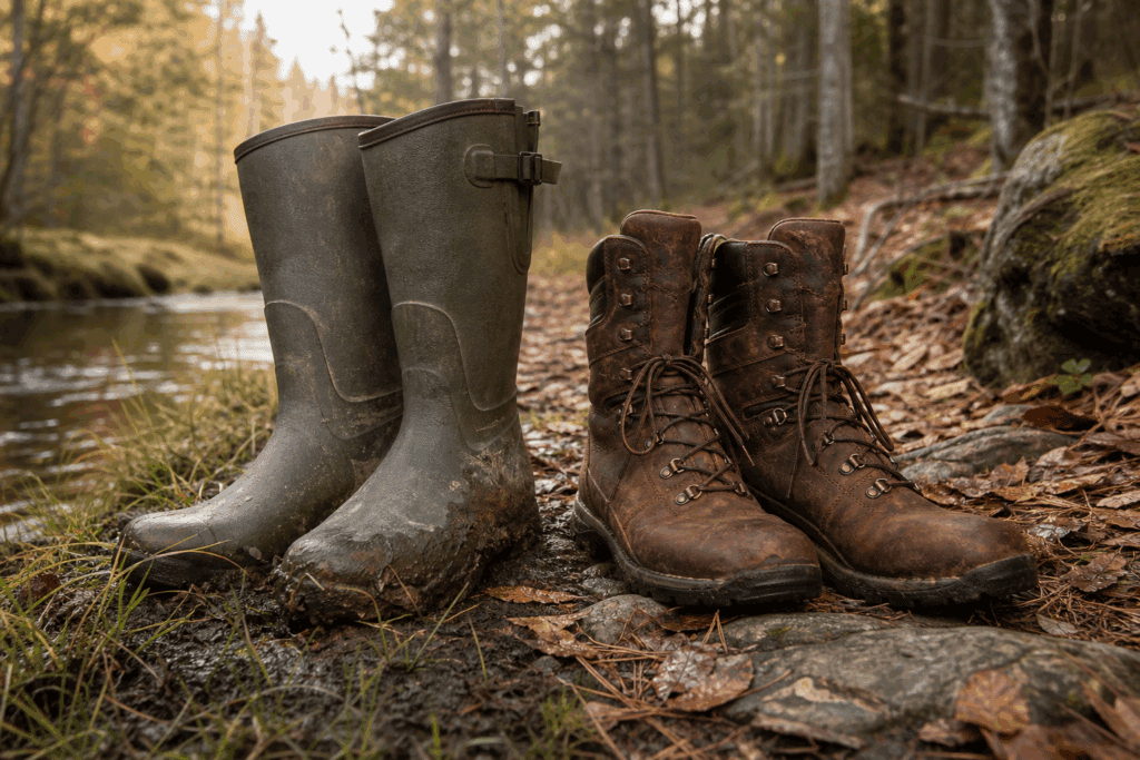 Rubber and leather hunting boots side by side on wet and dry hunting terrain