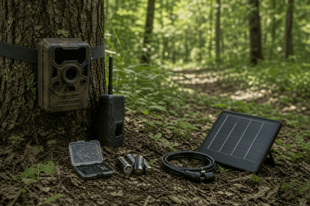 Trail camera scouting setup with smart and standard cameras on a wooded deer trail