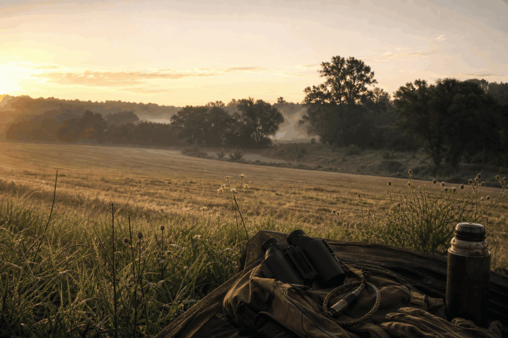 Midwest summer coyote hunting setup near a cut hayfield edge and shaded creek-bottom cover