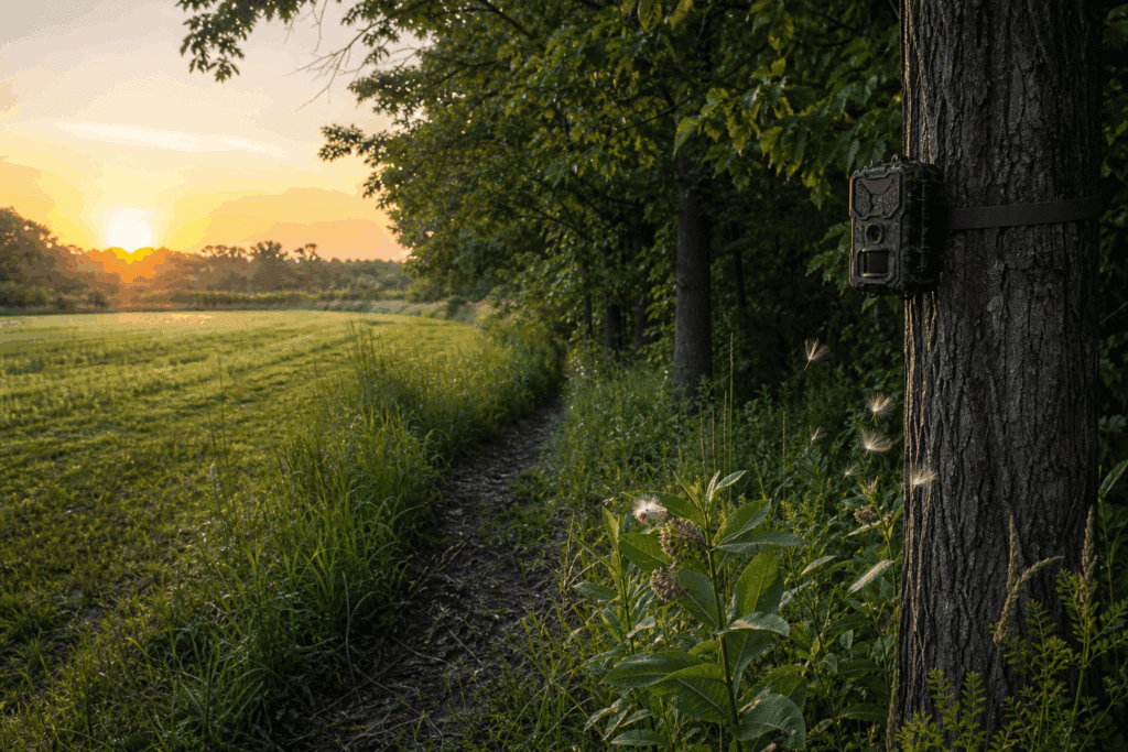 Small Midwest whitetail property edge with trail camera, access trail, and sunrise field cover