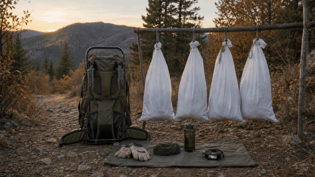 Backcountry pack frame beside four closed game bags hanging separately in shade