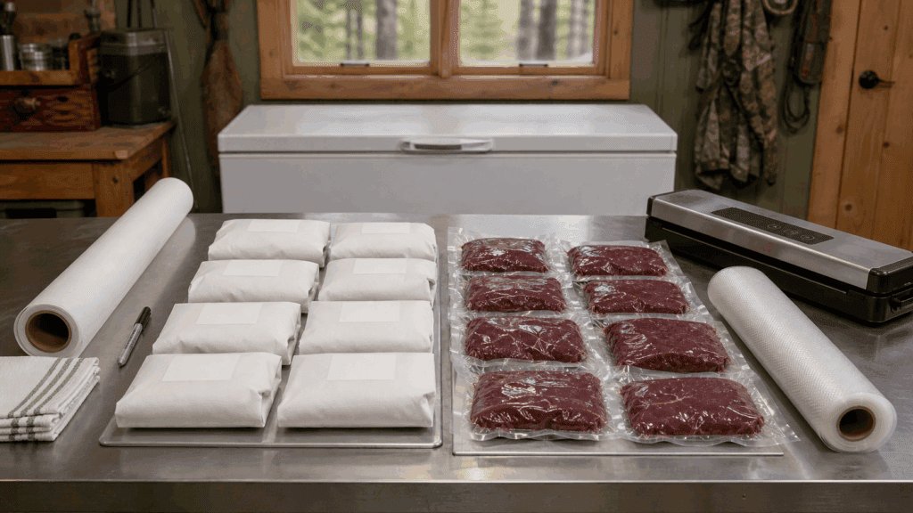 Side-by-side venison packaging station with tight freezer-paper parcels and vacuum-sealed portions