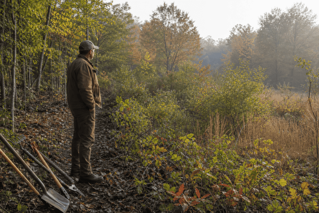 Hunter evaluating a screened access trail and improved woodland edge for an affordable deer habitat project