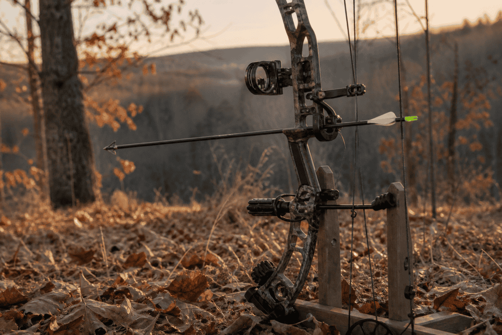 Compound bow equipped with a drop-away arrow rest beside an autumn hunting clearing