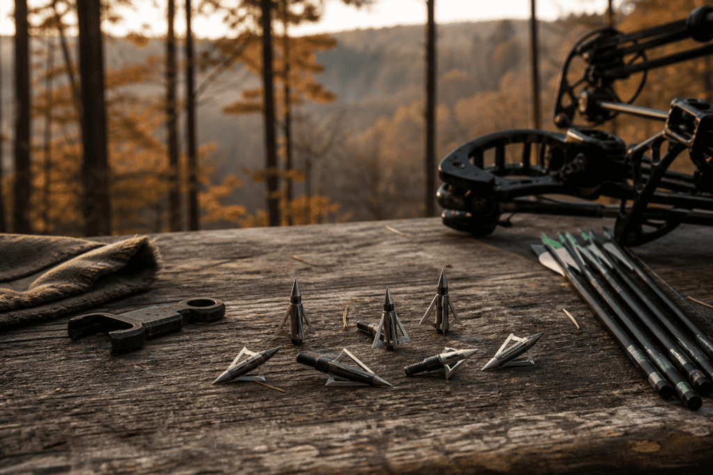 Cut-on-contact broadheads and hunting arrows prepared on a wooden bench near autumn deer woods