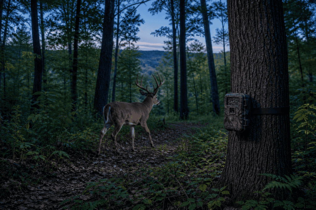 Whitetail buck passing a no-glow trail camera on a wooded trail at dusk
