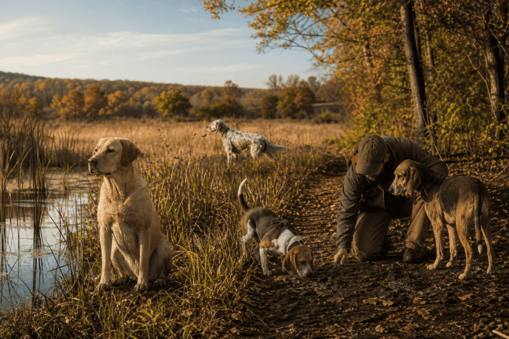 Hunting dogs representing waterfowl retrieving, upland pointing, rabbit hunting, and deer recovery work