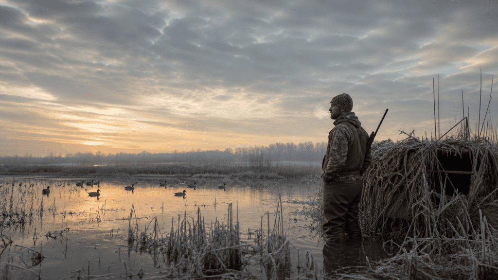 Duck hunter wearing insulated chest waders in a frosty marsh at dawn